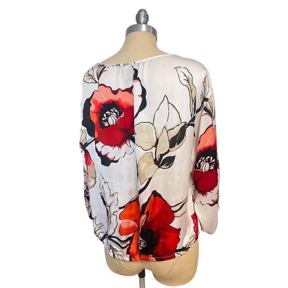 White House Black Market Red Black Floral Polyester Blouse Medium - Picture 3 of 5